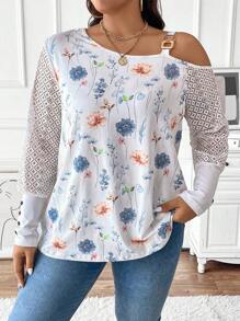 SHEIN Unity 大码女式不对称领露肩长袖花卉印花时尚上衣 - 白色 - 查看 5