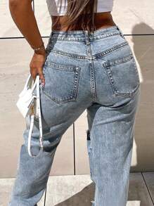 Women's Butterfly Slogan Print Distressed Straight-Leg Jeans Casual Spring - Light Wash - View 2