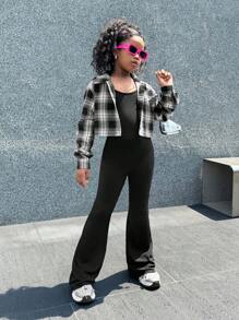 SHEIN Tween 女童休闲针织连体裤和格子纽扣衬衫 2 件套，母女配套服装（2 套单独出售） - 黑與白 - 查看 7