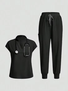 TaskEZ Conjunto de uniforme de pantalón y top de manga corta de unicolor - Negro - Ver 11