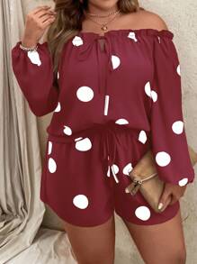 SHEIN LUNE 2 件套大码波尔卡圆点印花露肩扭纹衬衫和短裤休闲套装 - 酒紅色 - 查看 3