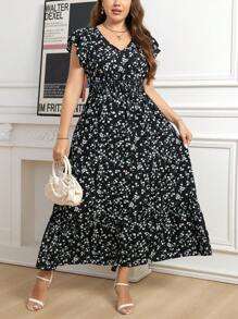 SHEIN Clasi Đầm thanh lịch tay lỡ họa tiết hoa cỡ lớn cho nữ - màu đen - Xem 1