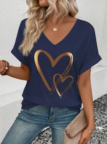 EMERY ROSE 女士休闲 V 领喇叭袖口爱心图案 T 恤，夏季图案 T 恤女式上衣 - 藏蓝色 - 查看 4