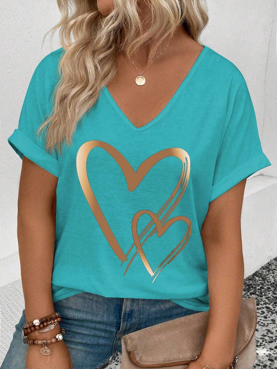 SHEIN LUNE 大码休闲 V 领荷叶边袖口心形印花 T 恤图案 T 恤女式上衣 - 藍色 - 查看 1