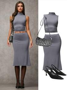 SHEIN BAE Women's Sleeveless Gathered Waist Top And Slim Elegant Skirt Set