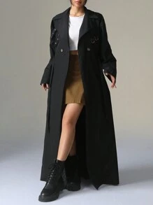 SHEIN EZwear 加大码双排扣纯色休闲长袖长款风衣加大码超大外套 - 黑色 - 查看 1