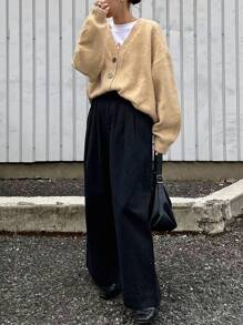 FRIFUL Cardigan casual feminino de cor sólida com ombros caídos, primavera/outono, roupas femininas de outono - Camelo - Ver 7