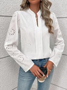 SHEIN LUNE Women's Spring Summer Embroidered Roll-Up Sleeve Elegant Blouse For Commuting