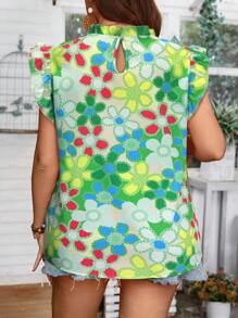 SHEIN Clasi Plus Size Floral Print Ruffle Collar Casual Vacation Shirt - Green - View 2