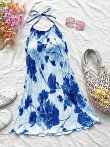 SHEIN VCAY 女式度假花卉孔眼刺绣印花深 V 领撞色花卉饰边不对称下摆吊带背心连衣裙，夏季 - 彩色 - 查看 1