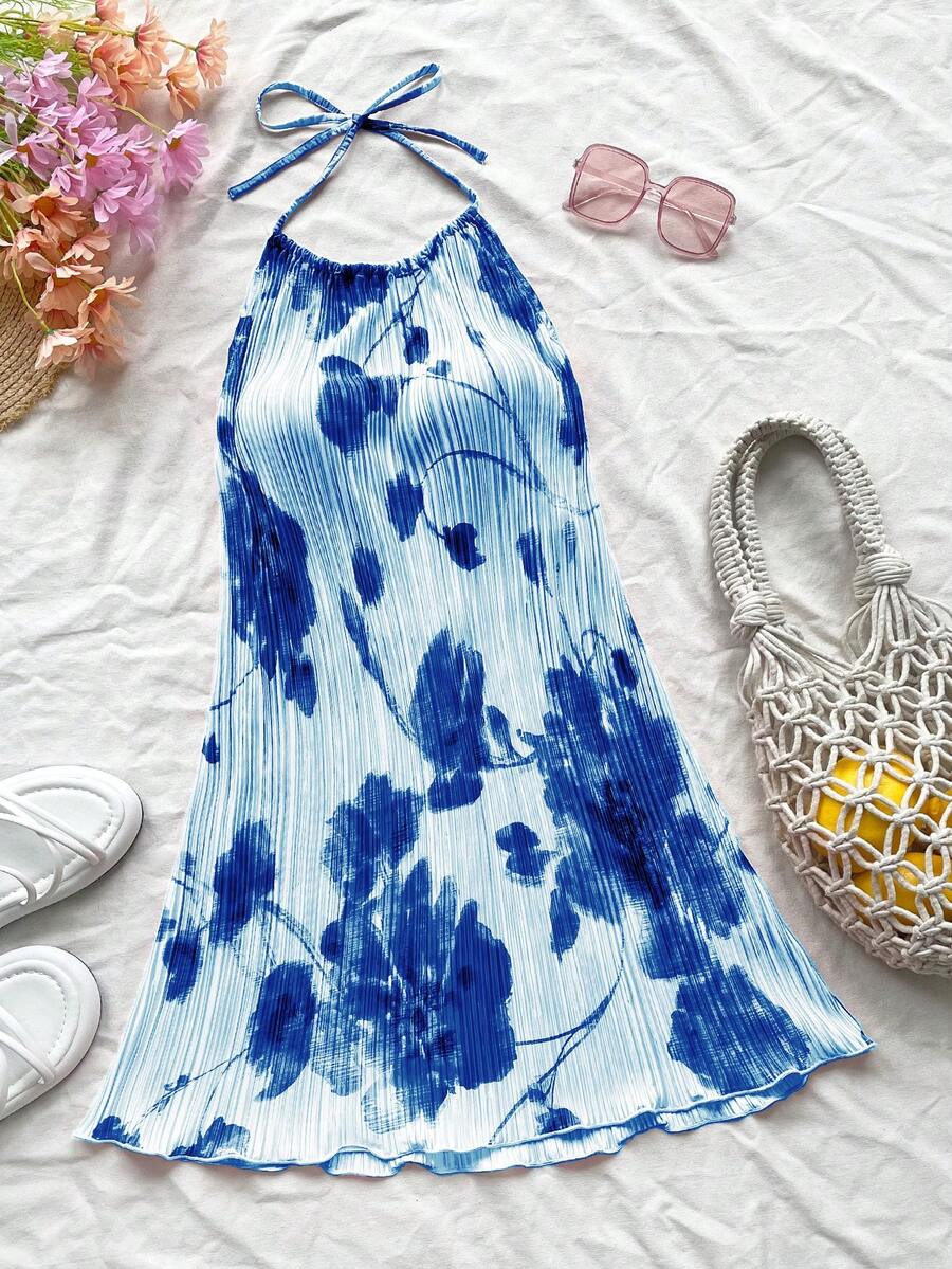 SHEIN VCAY 女式度假花卉孔眼刺绣印花深 V 领撞色花卉饰边不对称下摆吊带背心连衣裙，夏季 - 彩色 - 查看 1