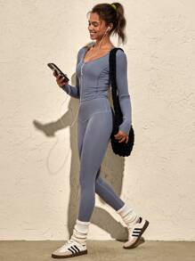 VARSITIE 纯色长袖修身无缝女式运动 T 恤，蓝色上衣