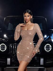 女式迷人水钻装饰修身方领长袖派对连衣裙，秋季时尚