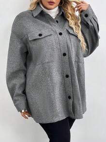 SHEIN CURVE+ Plus Drop Shoulder Flap Pocket Overcoat,,Fall Women Clothes,Fall Tops,Fall Outfits - Grey - View 4
