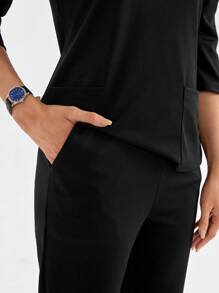 TaskEZ Solid Color V-Neck 3/4 Sleeve Pocket Scrub Top And Pants  Uniform Set Scrub Sets