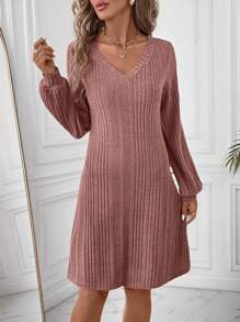 SHEIN Clasi Women's Plain Simple Long Sleeve Short Dress For Daily Wear Fall Clothing Long Sleeve Women Dress - Pink - View 1