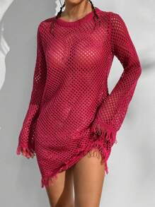 SHEIN Unity Women's Solid Color Round Neck Sheer Long Sleeve Casual Elegant Dress - Hot Pink - View 4