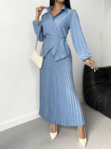 SHEIN Clasi Bộ 2 món cổ áo quấn quyến rũ thanh lịch, tay dài - Màu xanh lam - Xem 3