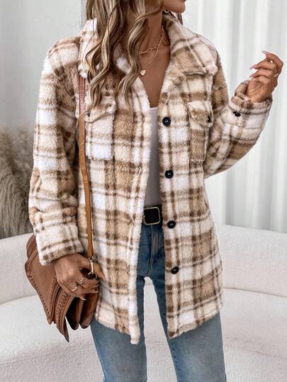 SHEIN LUNE 女式复古格子双面羊毛休闲衬衫式翻领口袋夹克秋冬