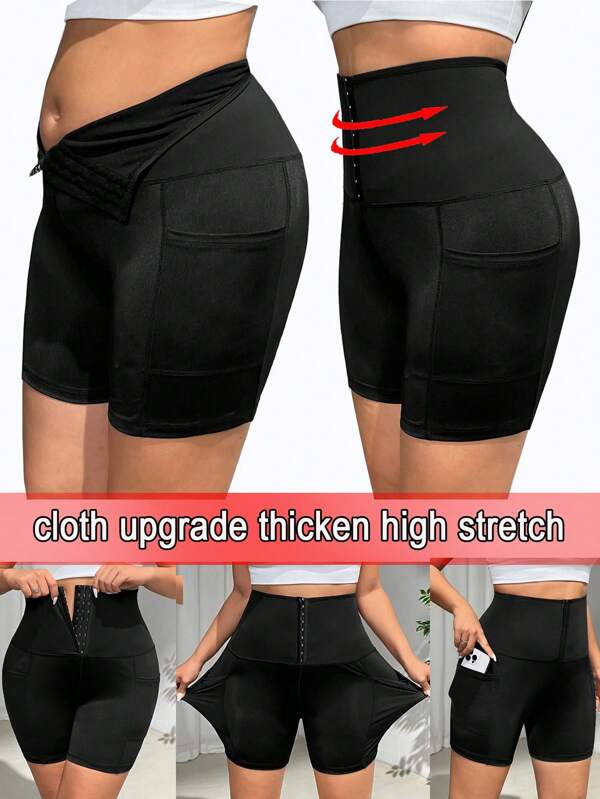 SHEIN EZwear Plus Size Waist-Torso Thicker Stretchy Body-Shaping Sports Bra With Side Pocket Cycling Shorts