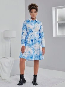 Rochie cămașă cu mânecă lungă, cu imprimeu digital, lejer, proaspătă pentru fete adolescente