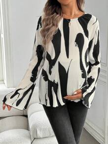 SHEIN Maternity Ripple Print Tie Back Long Sleeve Blouse , And White Blouse