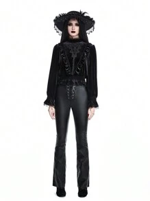 ROMWE Gothic Vampire Palace Style Embroidered Puff Sleeve Velvet Blouse For Women - Black - View 3