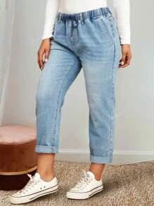 Women's Elastic Waist Washed Denim Long Pants, Suitable For Commuting And Casual Wear, Autumn