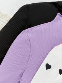 SHEIN 3pcs Tween Girls Solid Color Crew Neck Sweaters With Heart Graphic, Long Sleeve Casual Tops - Black - View 4