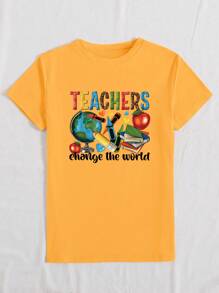 INAWLY Los maestros cambian el mundo, feliz día del maestro, camiseta casual de cuello redondo de manga corta para mujeres con gráfico de gran educador - Amarillo - Ver 5