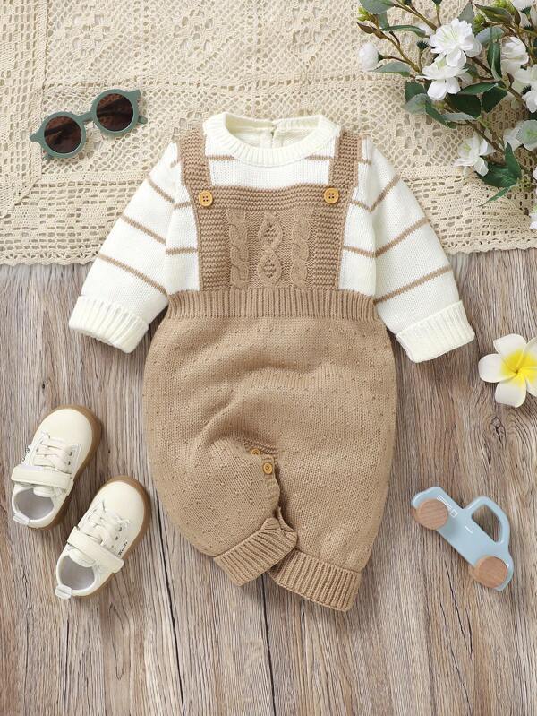 SHEIN Baby Girl Casual Color Block Striped Patchwork Sweater Romper