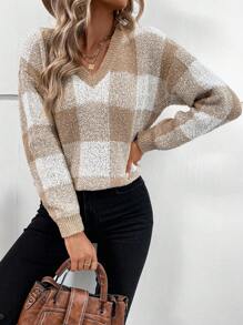 Chiquease V-Neck Long Sleeve Classic Plaid Sweater, Knit Pullover Fall Winter - Khaki - View 5
