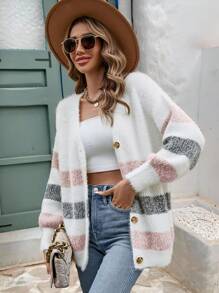SHEIN Frenchy Striped Pattern Drop Shoulder Fuzzy Cardigan,Earthy Clothes,Airport Outfit,Ladies Spring/Fall Casual Button Drop Shoulder V Neck Regular Fit White Striped Women Cardigans,Casual Daily Wear,Long Sleeve Tops
