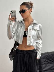 StreetHx Women Metal Silver Cropped Jacket - Silver - View 4