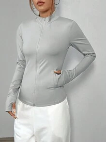 SHEIN Unity Chaqueta de mujer con cierre de cremallera, cuello alto y ajuste delgado, para 4 estaciones - Gris - Ver 3