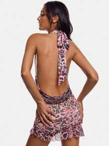 Sil Medeiros Artist Leopard Print, Animal Pattern Casual Sexy Halter Mini Dress Outfit For Women, Vacation, Summer Dress, Holiday, Party, Birthday Outfits, Beach, Festival, Ibiza Fits, Prom Dress, Western Wear - Multicolor - View 5