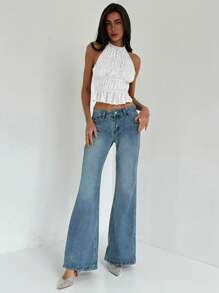 Aloruh 挂脖可调节系带前褶皱分层半透明浪漫约会夜短款外出上衣女士 - 白色 - 查看 3