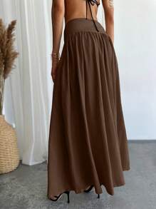 Firerie Women's Ruched High Waist A-Line Elegant Genuine Pocket Skirt - Brown - View 2