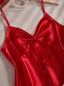 SHEIN 2件套丝质吊带背心，带结和心形印花阔腿裤睡衣套装 - 紅色 - 查看 3