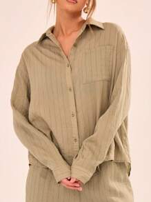 MUSERA Striped Linen Feel Beach Shirt Vacation Casual Spring Summer Fall