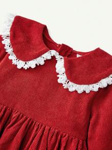 Cozy Pixies Baby Girl Ruffled Peter Pan Collar Lantern Sleeve Waisted Dress, For Christmas - Rust Brown - View 3