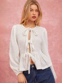 Women's Round Neck Long Sleeve Tie Front Casual Fashion Blouse - Pink - View 6