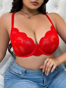 1pc Plus Size Contrast Lace Underwired Bra, Lingerie - Red - View 4