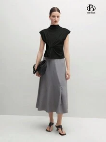 BizChic Women's Elegant Mock Neck Twist Front Sleeveless Top, Teacher T-Shirt, Autumn Tee - Black - View 5