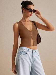 Poéselle Women's Chic Summer Knit Top,All Shades Of Brown V Neck Sleeveless Tank Top For Night Out,Open Placket Vest With Asymmetric Slit Hem Holiday Cardigan - Brown - View 2