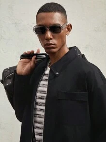 AKNOTIC Business Casual Men's Woven Slim Fit Casual Shacket, For Fall Winter - Black - View 3