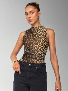 SHEIN BAE Women's Summer Leopard Print Pleated Fitted Bodysuit - Brown - View 5