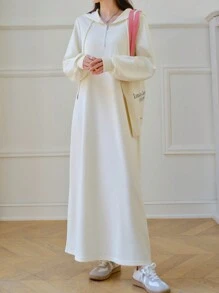 EastFlair Váy nỉ dài tay có mũ trùm đầu rút dây kéo thời trang thu đông cho nữ - Màu be - Xem 7