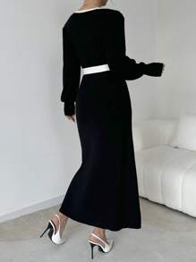 Elenzga Váy len dài tay thanh lịch cổ chữ V phối màu - màu đen - Xem 2