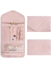 1 pieza Bolsa plegable de almacenamiento de joyas, organizador de estuche de joyas para viaje para aretes, collares, anillos, pulseras, broches, rosa, bolsa de maquillaje, organizador de joyas portátil, accesorio de viaje esencial, negro, rosa en talla M/L